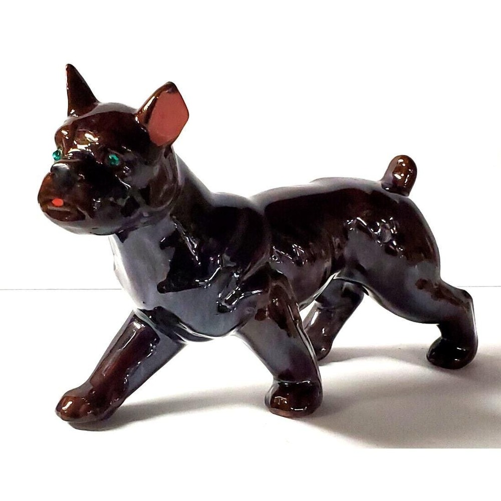 Vintage Porcelain Boxer Dog Figure Dark Brown Green Rhinestone‎ Eyes Figurine